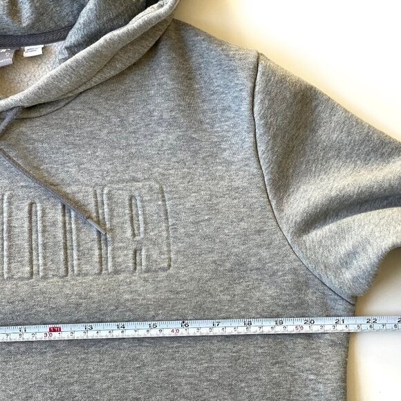 PUMA Womens Fleece Hoodie Gray Sweatshirt Embossed Logo Kangaroo Pocket - Picture 8 of 9